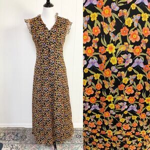 VTG 90s Spenser Jeremy Sz. 6 Silk Floral Butterfly Maxi Dress Black Orange